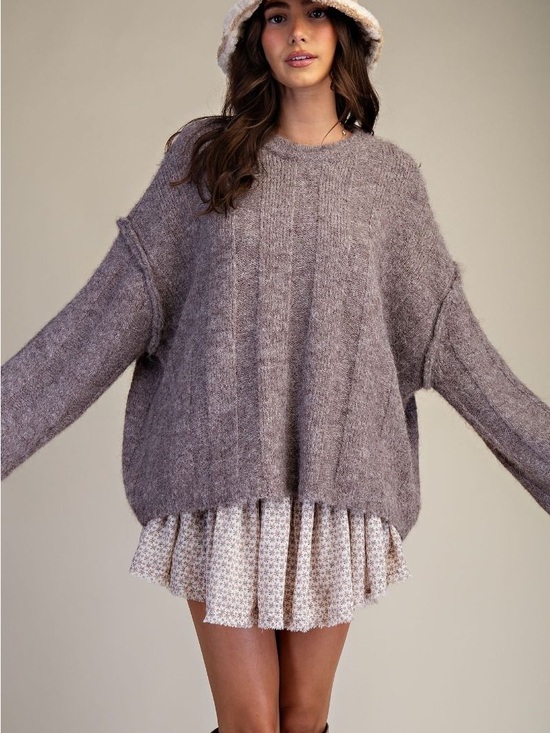 easel Sweaters - 48.Easel OVERSIZED LONG SLEEVE FUZZ KNITTED SWEATER taupe brown mocha